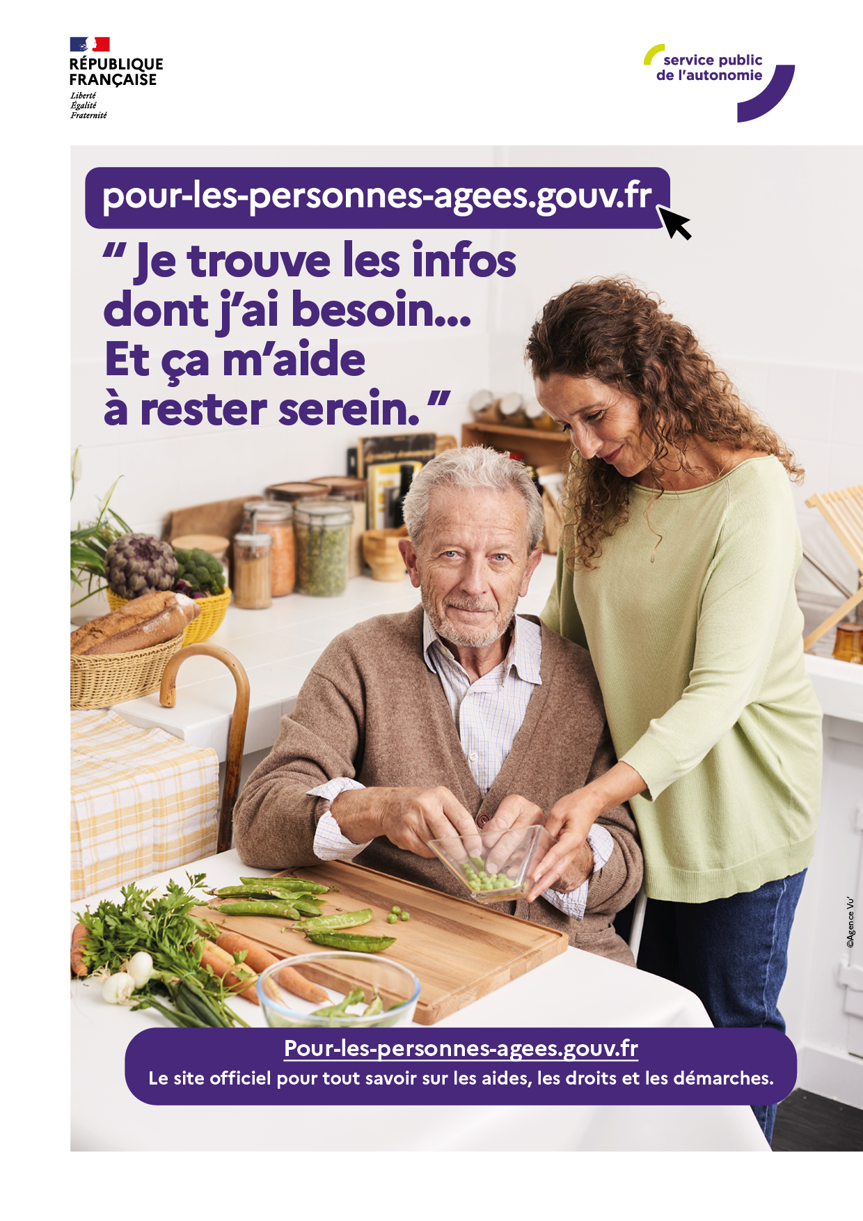 Affiche présentant un homme âgé et une aidante, avec le message « Je trouve les infos dont j’ai besoin… Et ça m’aide à rester serein. », l’adresse internet du site doucevie.live : le site officiel pour tout savoir sur les aides, les droits et les démarches. Le logo Service public de l’autonomie apparaît aussi sur cette affiche.